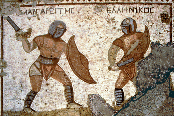 A fight between two Gladiators, in mosaic