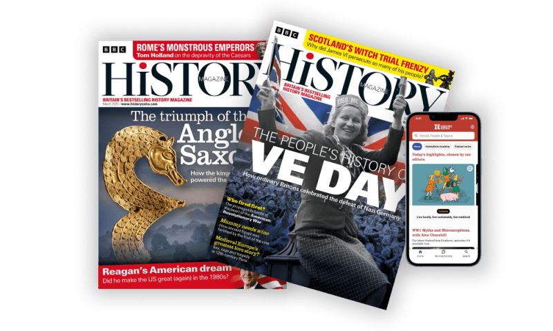 Images of two History extra magazine covers and the mobile app