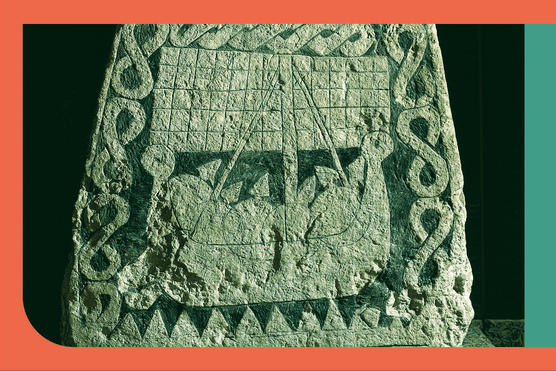 A runestone depicting two warriors fighting and the journey of the Vikings to Valhalla, the hall of slain. (DEA/G. DAGLI ORTI/De Agostini/Getty Images)